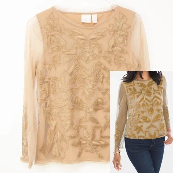 Chico's Tops - Chico's Pieced Velvet Top Sheer Sleeve Blouse Office Shirt Tan Size 0 Small New